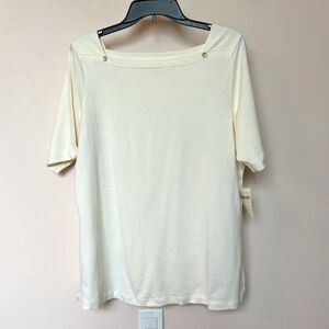 Coldwater Creek Top XL Short Sleeve Cream Supima Cotton Boat Neck Pullover NWT